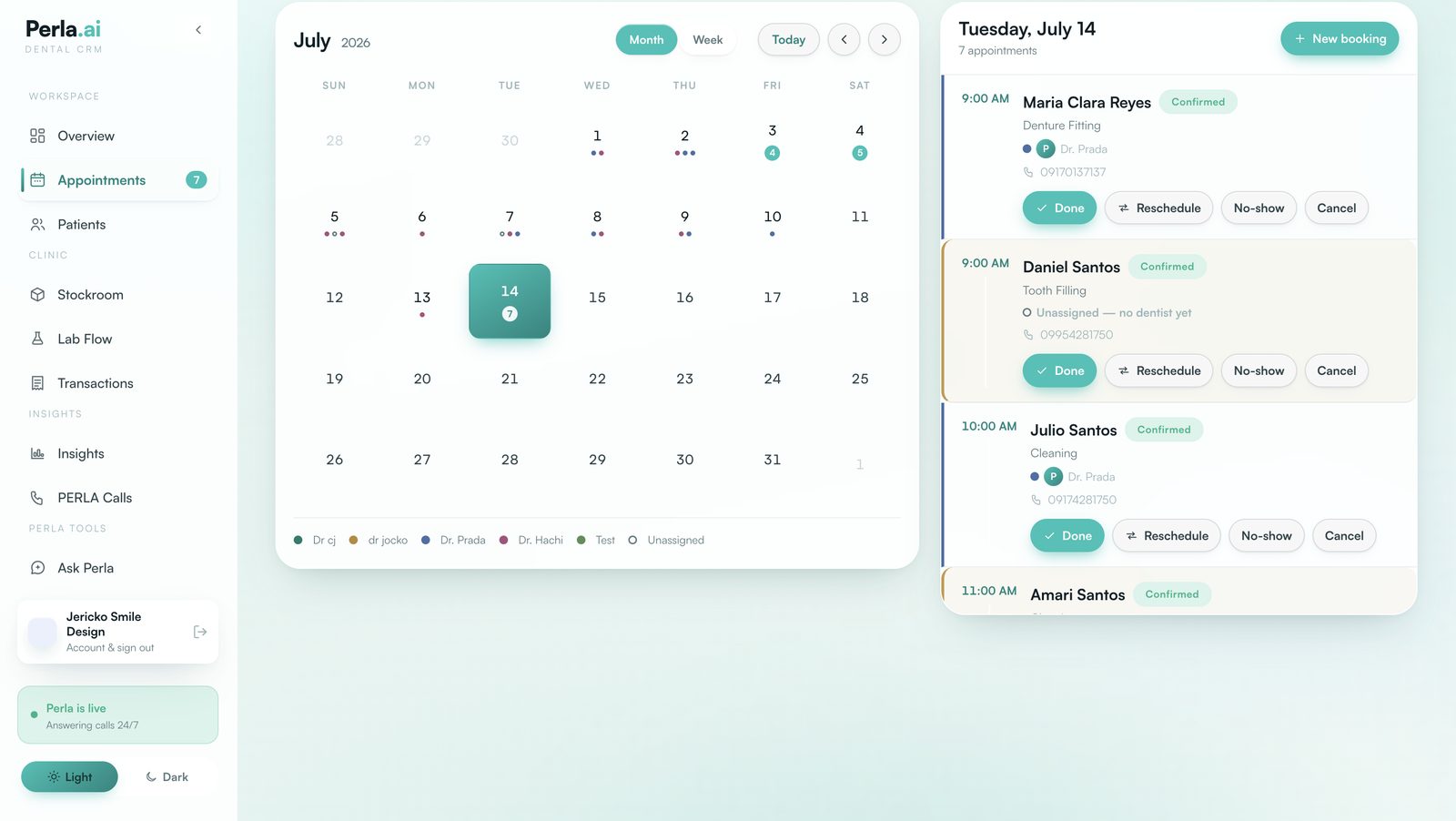 Perla appointments calendar, light