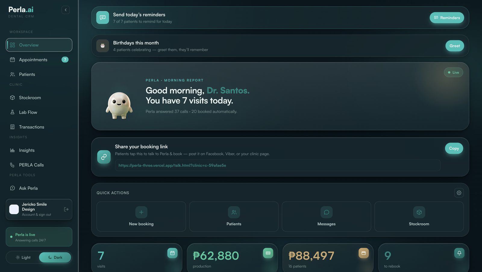 Perla overview, dark mode